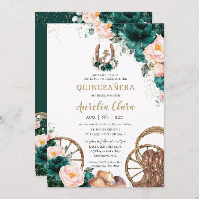 Blush Pink Emerald Green Wild West Quinceañera  Invitation (Front/Back)