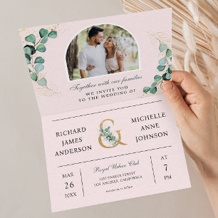 Blush Pink Eucalyptus Arch Photo QR Code Wedding Invitation