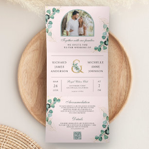 Blush Pink Eucalyptus Arch Photo QR Code Wedding Tri-Fold Invitation