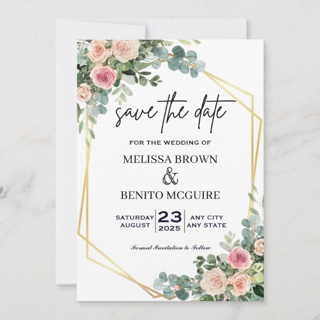 Blush Pink Eucalyptus Floral Gold Geometric Save The Date (Front)
