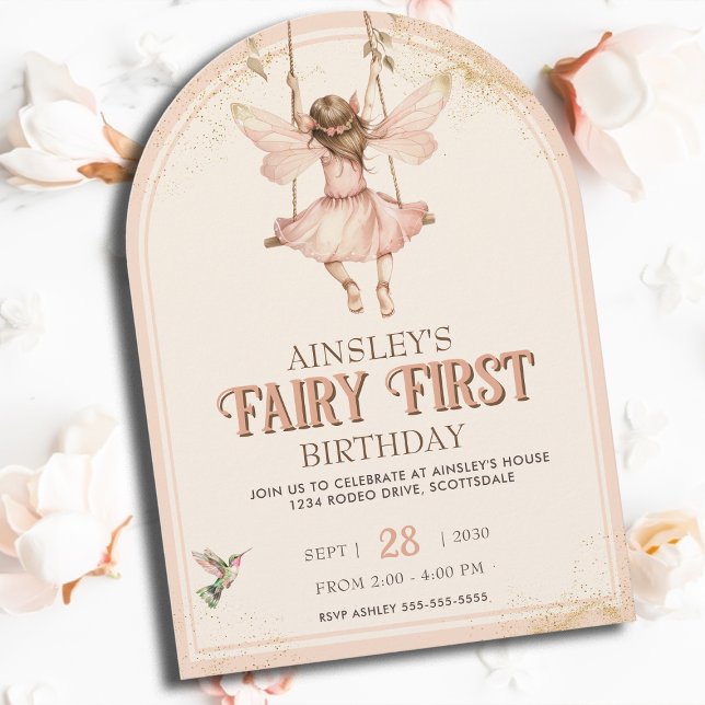 Blush Pink Fairy First Arched 1st Birthday Party Invitation (Creator Uploaded)