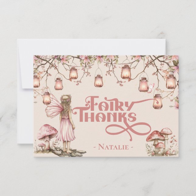 Blush Pink Fairy First Birthday Party Theme Custom Thank You Card (Front)
