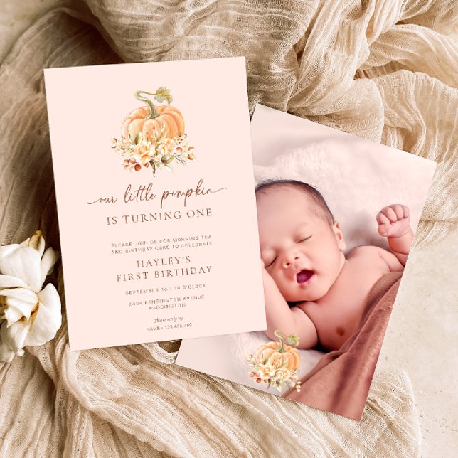 Blush Pink Fall A Little Pumpkin First Birthday Invitation (Fall first birthday invitation. Our little pumpkin is turning one invitation)