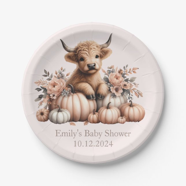 Blush Pink fall Highland Cow Baby Shower Plates (Front)