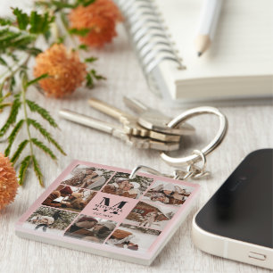 Blush Pink Family Photo Collage Monogram Gift Key Ring