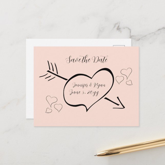 Blush Pink Fancy Calligraphy Hearts Save the Date  Postcard (Front/Back In Situ)