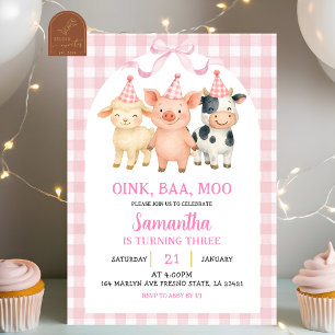 Blush Pink Farm Party Gingham Birthday Invitation