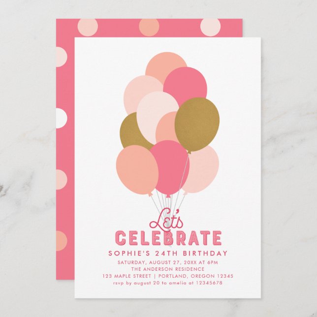 Blush Pink Faux Gold Balloons Any Age Birthday Invitation (Front/Back)