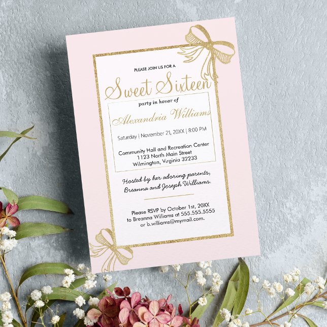 Blush pink faux gold glitter bow Sweet 16 Invitation (Blush pink faux gold glitter bow Sweet 16 Invitation)