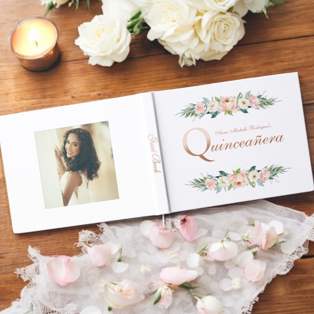 Blush Pink Feminine Floral Quinceañera Guest Book (Real gold foil text in rose gold!)