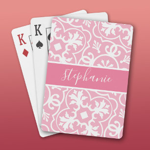 Blush Pink feminine geometric Pattern Script Name Playing Cards