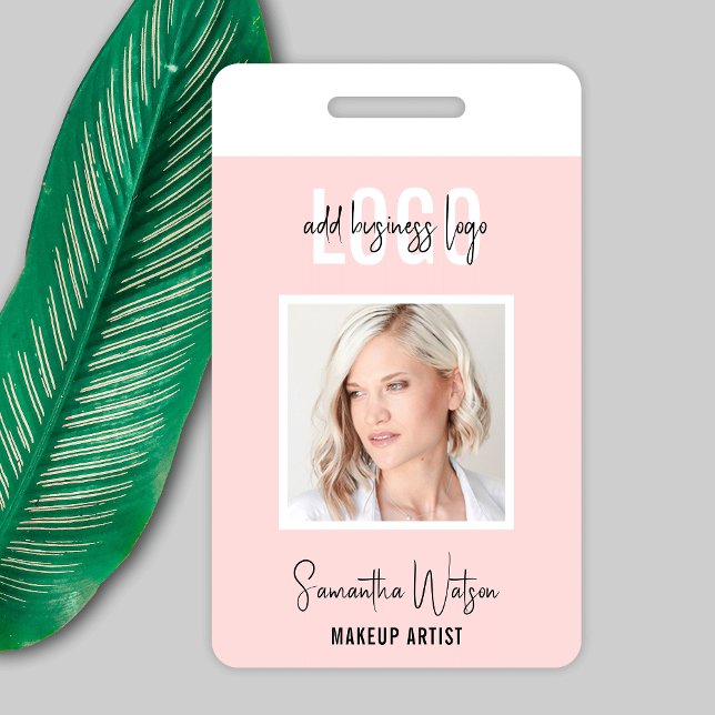 Blush Pink Feminine Logo Beauty Salon Photo ID ID Badge (Elegant Photo ID Badge in blush pink and white, great for beauty salon or spa, boutique and more)