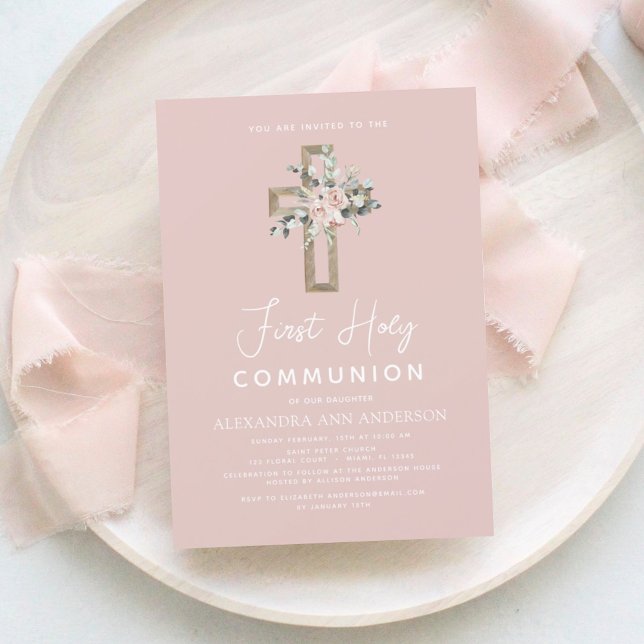 Blush Pink First Holy Communion Floral Rose Invitation (Creator Uploaded)