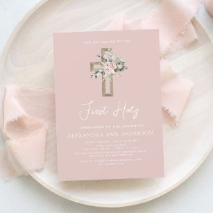 Blush Pink First Holy Communion Floral Rose Invitation