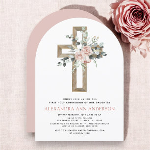 Blush Pink First Holy Communion Rose Greenery Invitation