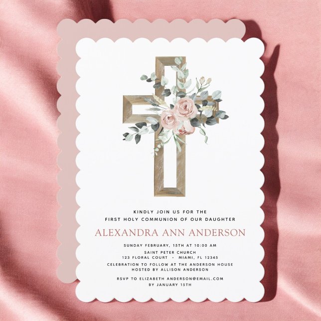 Blush Pink First Holy Communion Rose Greenery Invitation (Creator Uploaded)