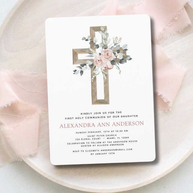 Blush Pink First Holy Communion Rose Greenery Invitation (Creator Uploaded)