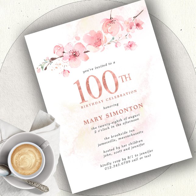 Blush Pink Floral 100th Birthday Invitation Postcard (Creator Uploaded)