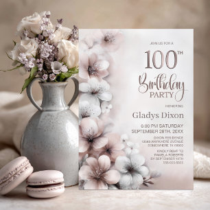 Blush Pink Floral 100th Birthday Party Invitation