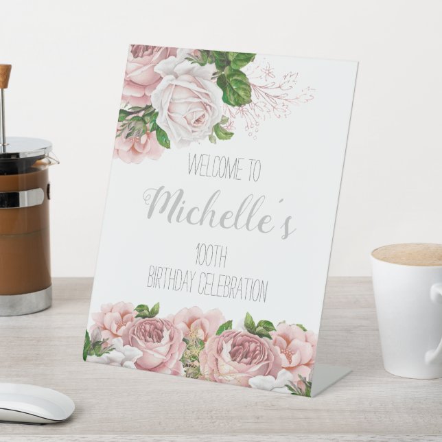 Blush Pink Floral 100th Birthday Welcome Pedestal Sign (In SItu)