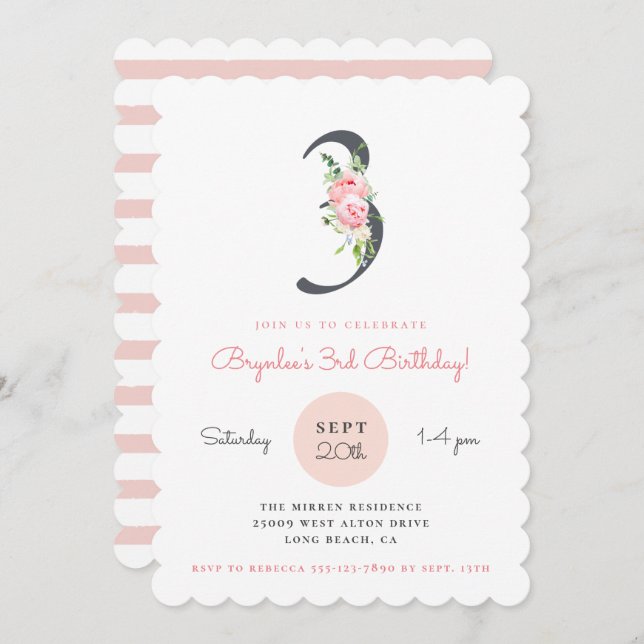 Blush Pink Floral 3rd Birthday Invitation (Front/Back)