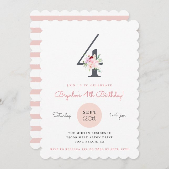Blush Pink Floral 4th Birthday Party Invitation (Front/Back)