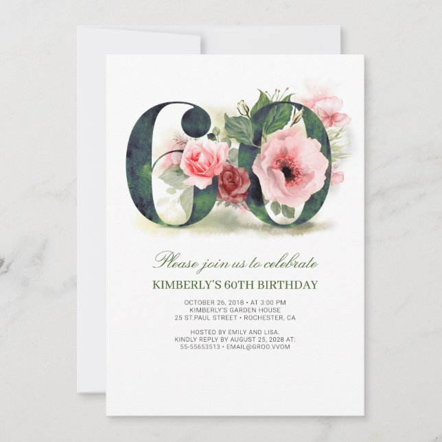 Blush Pink Floral 60th Birthday Party Invitation (Front)