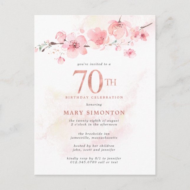 Blush Pink Floral 70th Birthday Invitation Postcard (Front)