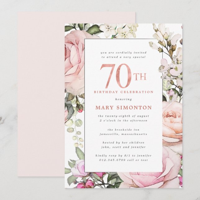 Blush Pink Floral 70th Birthday Party Invitation (Front/Back)