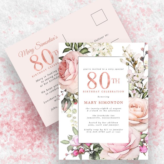 Blush Pink Floral 80th Birthday Party Invitation Postcard (Creator Uploaded)