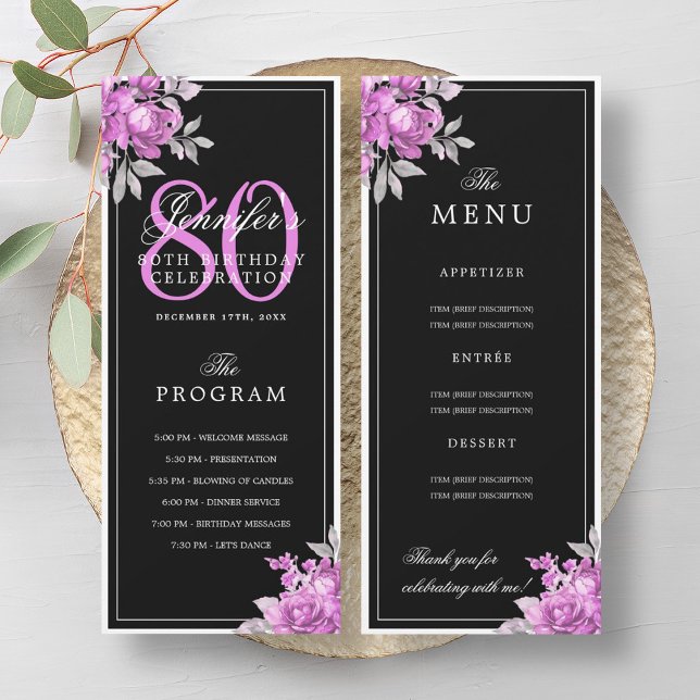 Blush Pink Floral 80th Birthday Program Menu Black Invitation (Blush Pink Floral 80th Birthday Program Menu Black)