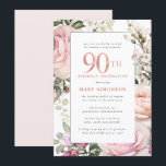 Blush Pink Floral 90th Birthday Party Invitation<br><div class="desc">Honour a special woman with this elegant and feminine 90th Birthday party invitation. 90th is written in large pink text. Birthday celebration follows. The honoured guest's name is also in pink capital letters. The remainder of the text is soft dove grey. The birthday celebration details are surrounded by a chic...</div>