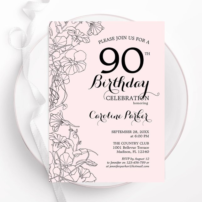 Blush Pink Floral 90th Birthday Party Invitation (Creator Uploaded)