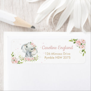 Blush Pink Floral Adorable Elephant Return Address