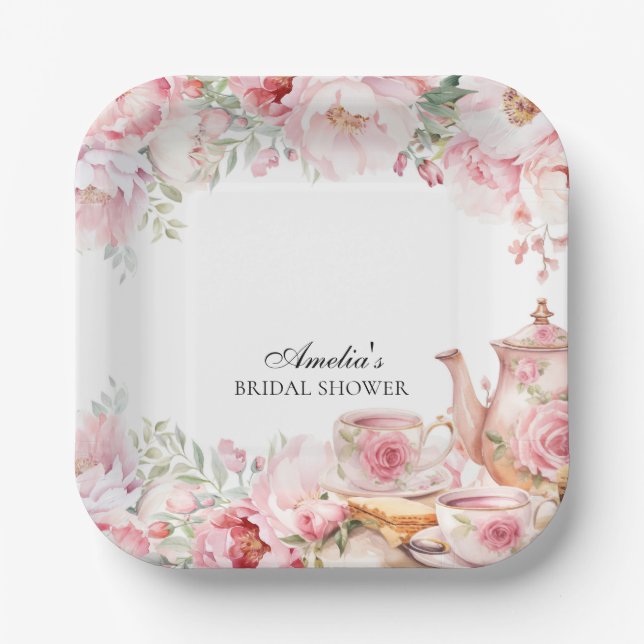 Blush Pink Floral Afternoon Tea Party Shower Paper Plate (Front)