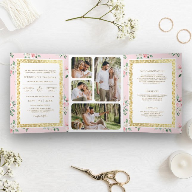 Blush Pink Floral All in One Gold Indian Wedding Tri-Fold Invitation (Creator Uploaded)