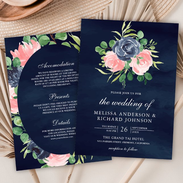 Blush Pink Floral All in One Navy Blue Wedding Invitation (Creator Uploaded)