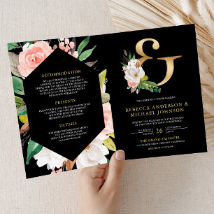 Blush Pink Floral Ampersand Black QR Code Wedding Invitation