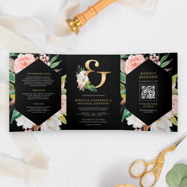 Blush Pink Floral Ampersand Black QR Code Wedding Tri-Fold Invitation (Creator Uploaded)