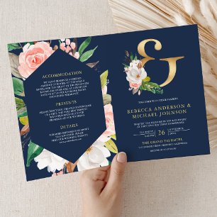 Blush Pink Floral Ampersand Navy QR Code Wedding Invitation