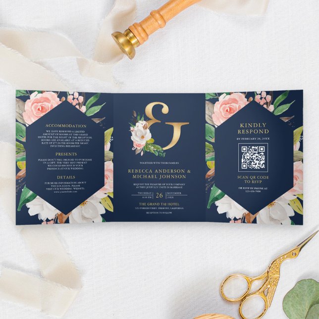 Blush Pink Floral Ampersand Navy QR Code Wedding Tri-Fold Invitation (Creator Uploaded)