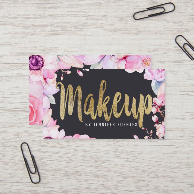 Blush Pink Floral and Black Gold Makeup Artist Business Card (Front/Back In Situ)