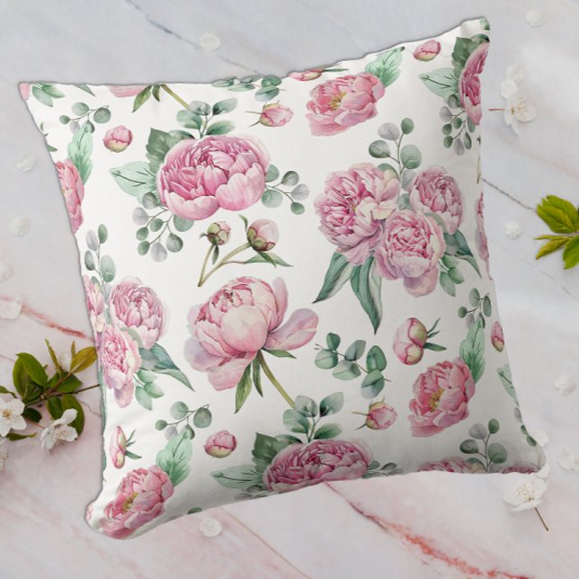 Blush Pink Floral and Eucalyptus Greenery Watercol Cushion (Watercolor Floral Throw Pillow)