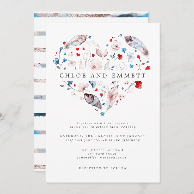 Blush Pink Floral and Feather Boho Heart Wedding Invitation (Front/Back)