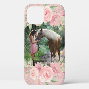 Blush Pink Floral and Glitter Pet Horse Photo iPhone 12 Case