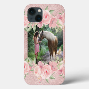 Blush Pink Floral and Glitter Pet Horse Photo iPhone 13 Case