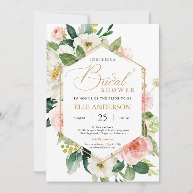 Blush pink floral and gold geometric bridal shower invitation (Front)