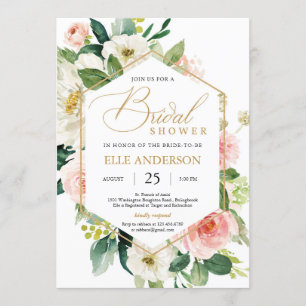 Blush pink floral and gold geometric bridal shower invitation