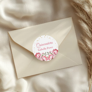 Blush Pink Floral and Gold Glitter Quinceanera Classic Round Sticker
