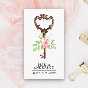 Blush Pink Floral Antique Key Real Estate Agent Business Card